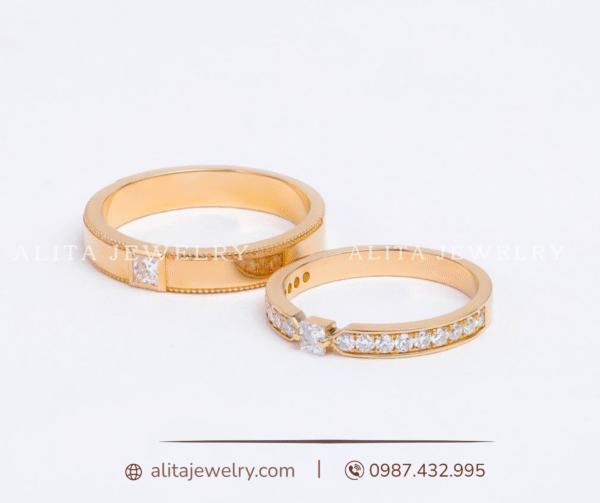 Cặp nhẫn cưới kim cương đơn giản vàng 18K CNC25