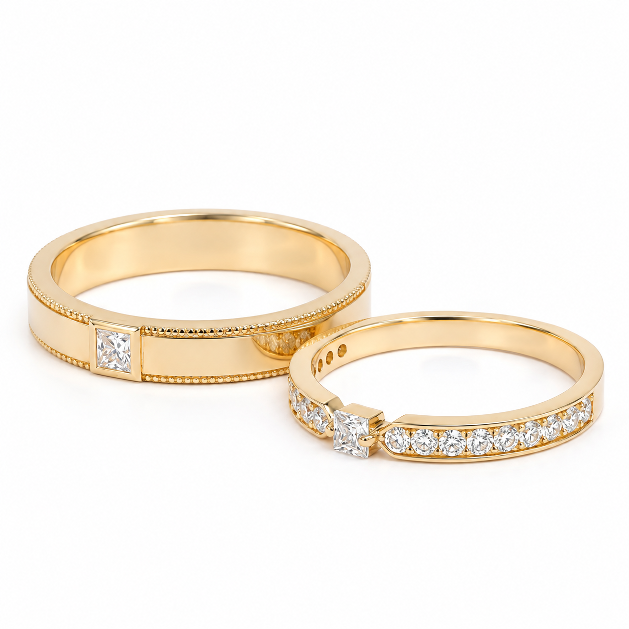 Cặp nhẫn cưới kim cương đơn giản vàng 14K CNC025