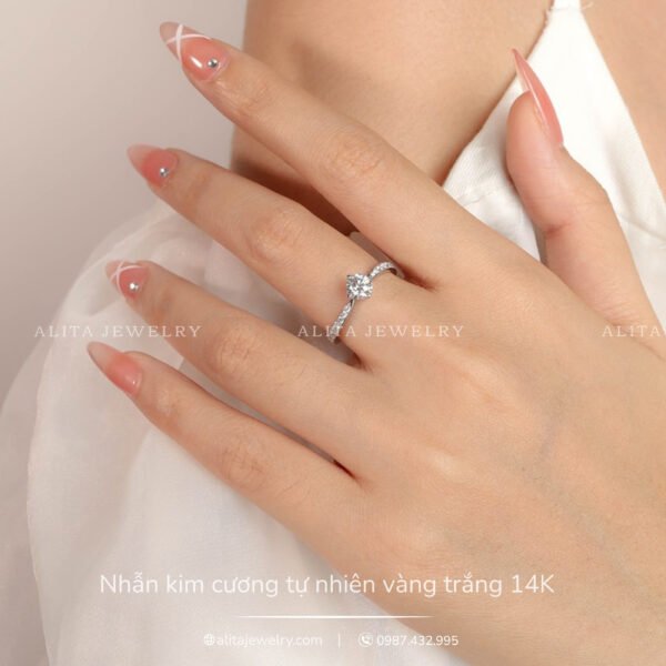 Nhẫn kim cương nhỏ nhắn và vàng trắng 14K NN025