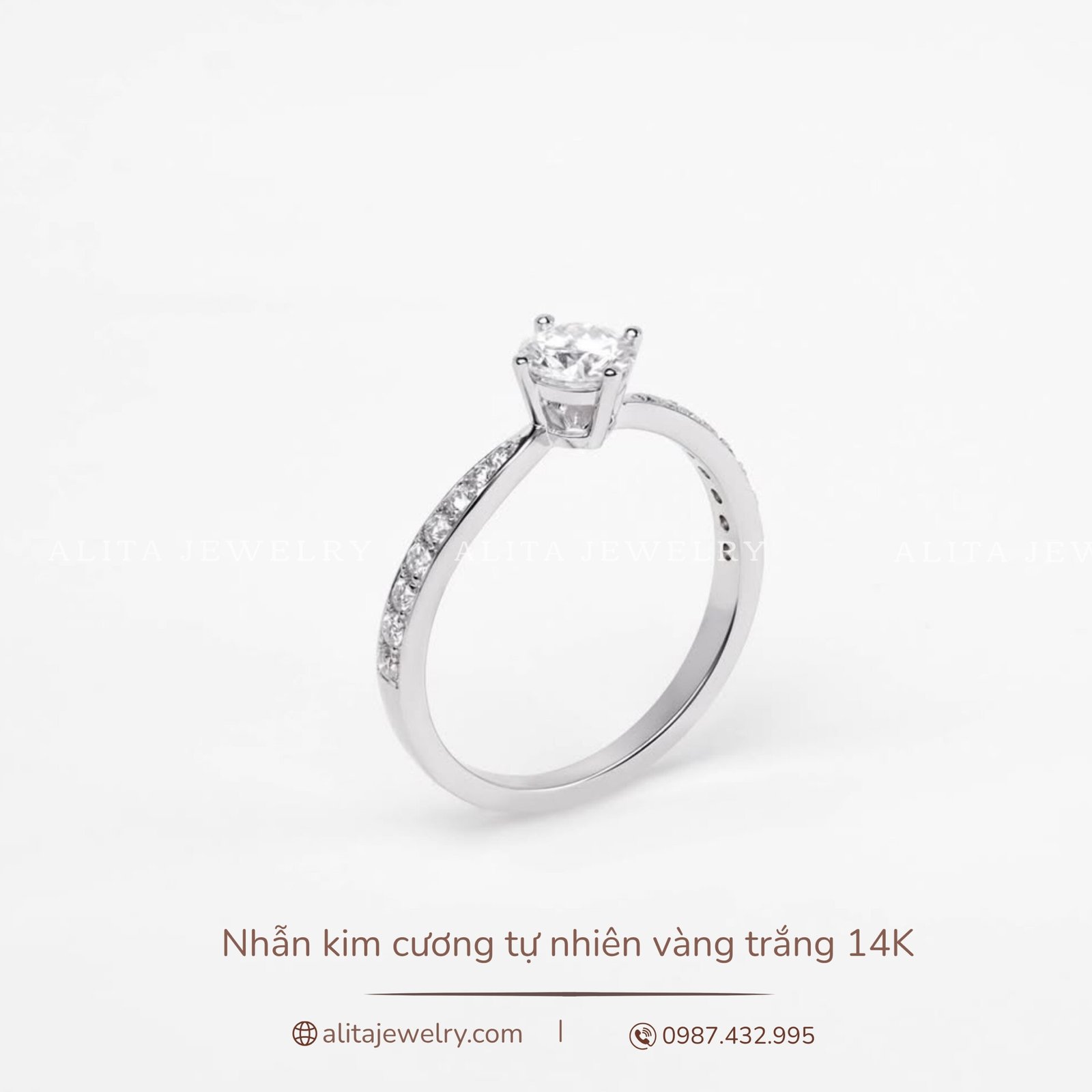 Nhẫn kim cương đính kim vàng trắng 14K NN025