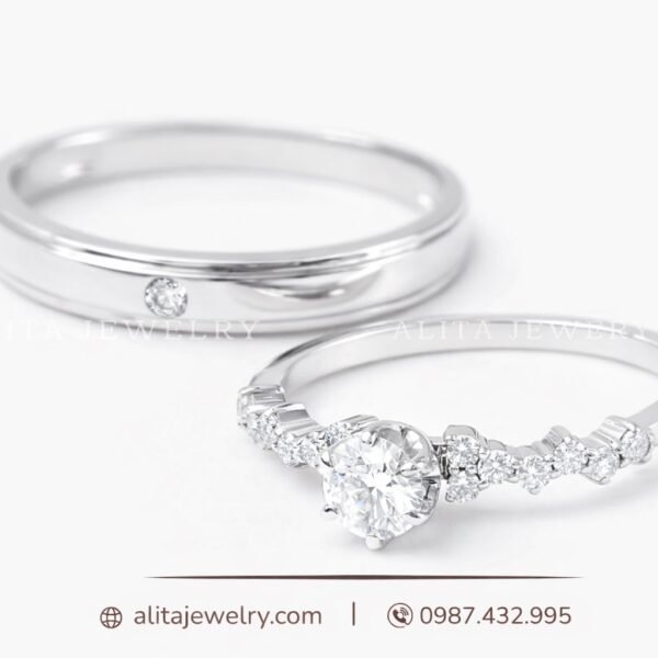 Cặp nhẫn cưới vàng trắng 14k CNC003