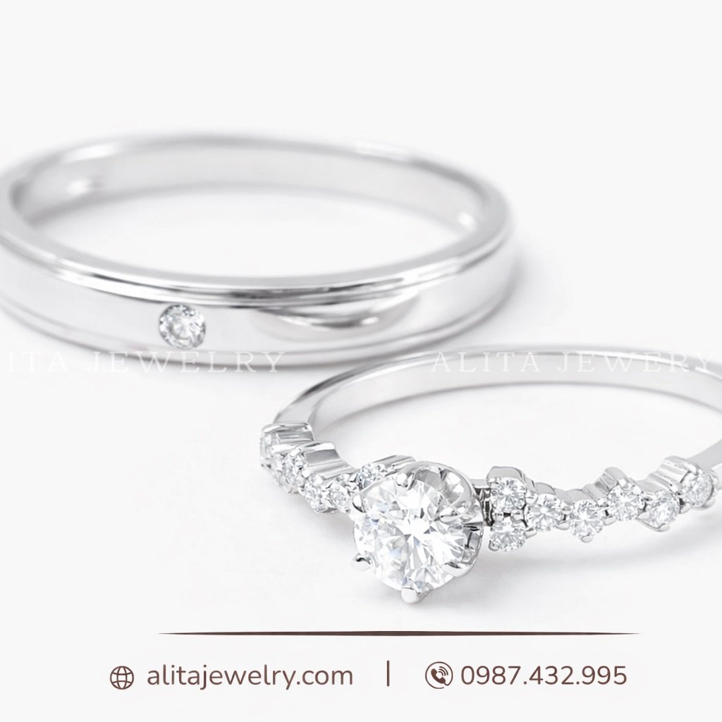 Cặp nhẫn cưới vàng trắng 14k CNC003