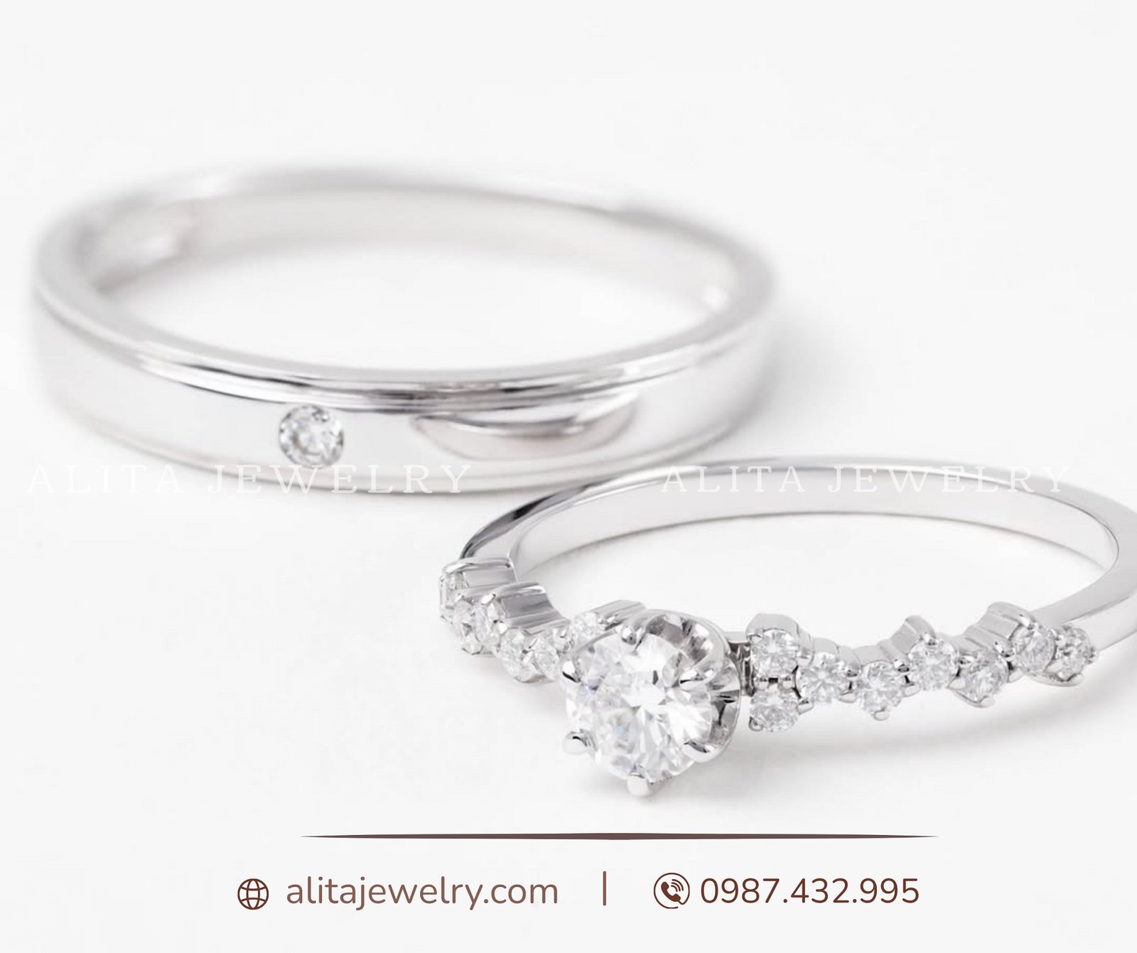 Cặp nhẫn cưới vàng trắng 14k CNC003