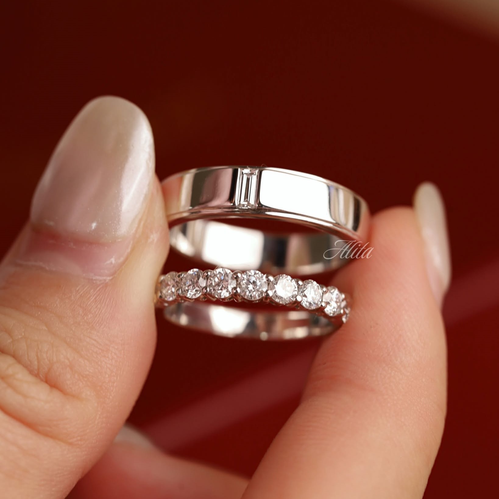 Cặp nhẫn cưới kim cương vàng 14K CNC026