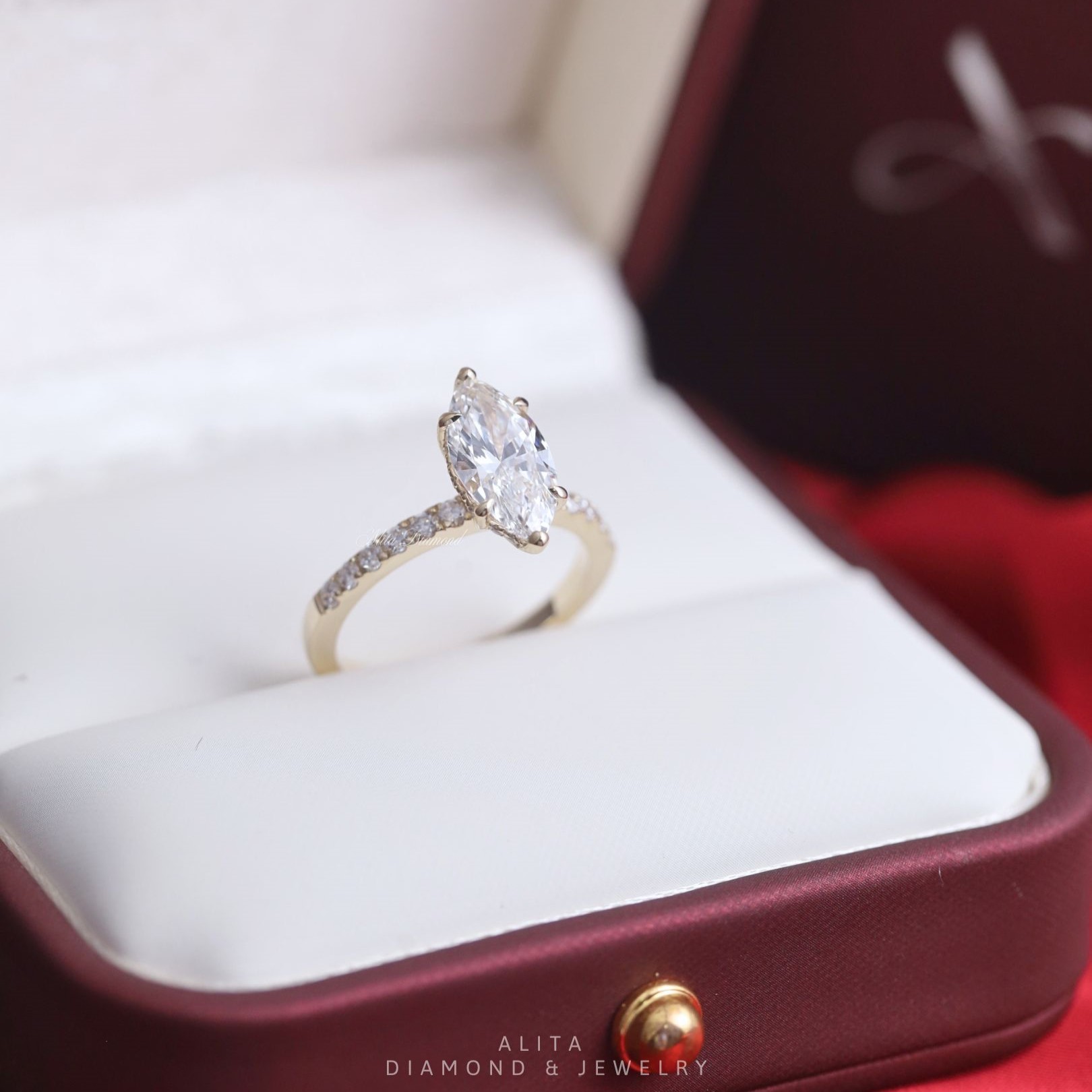 Nhẫn đính hôn vàng trắng 14K Moissanite Aurora Halo Ring NN033