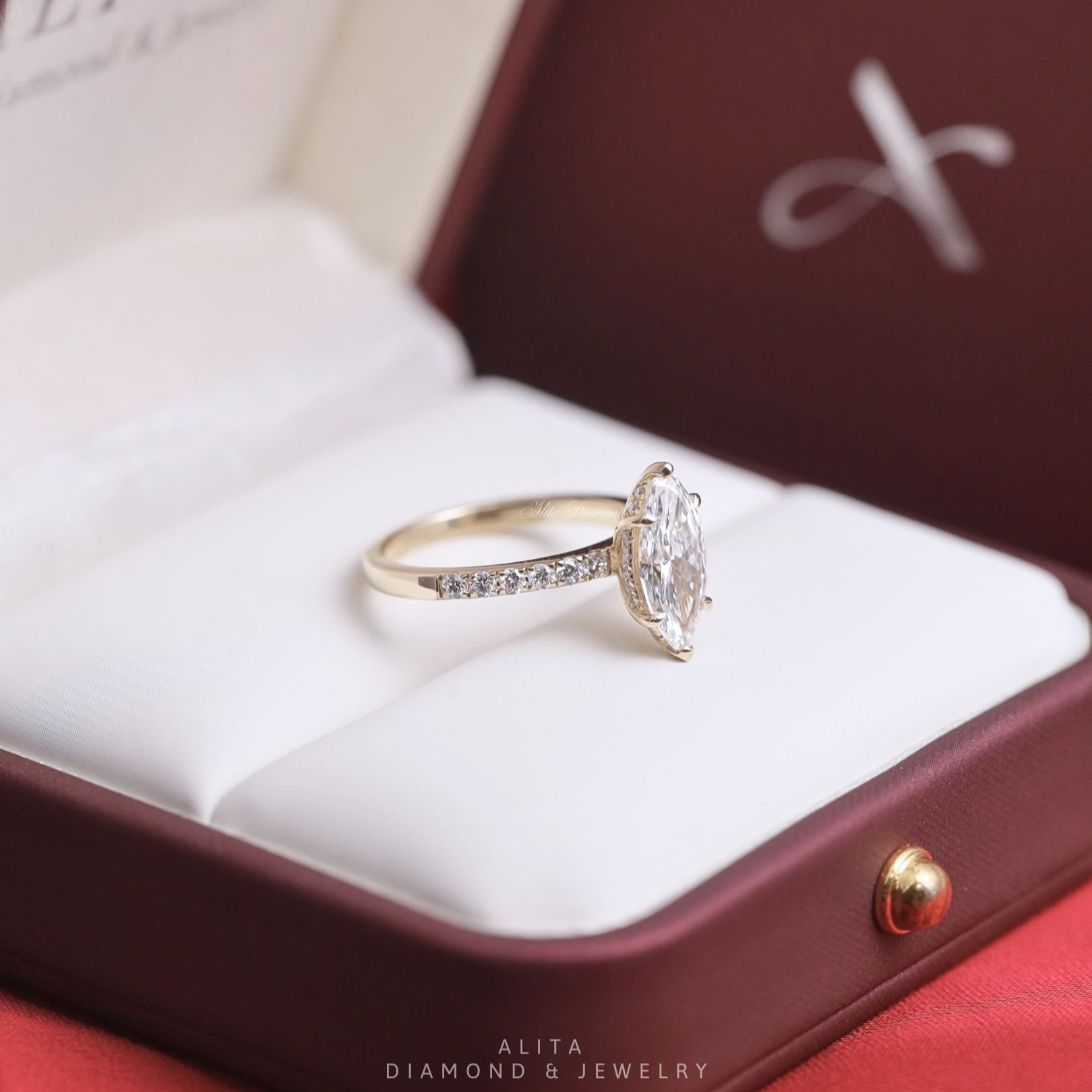 Nhẫn đính hôn vàng trắng 14K Moissanite Aurora Halo Ring NN033