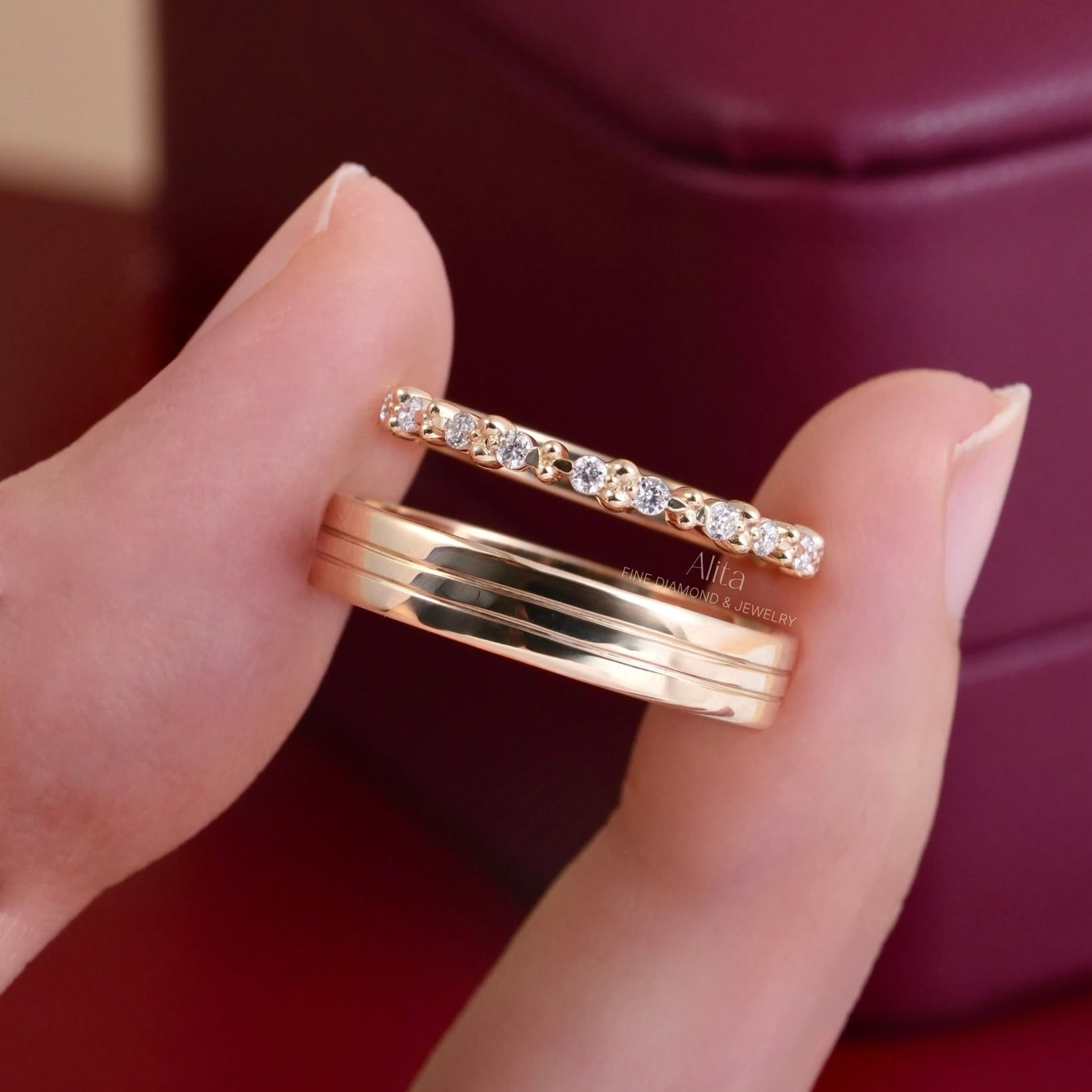 Cặp nhẫn cưới vàng 10K Rosé Harmony CNC009